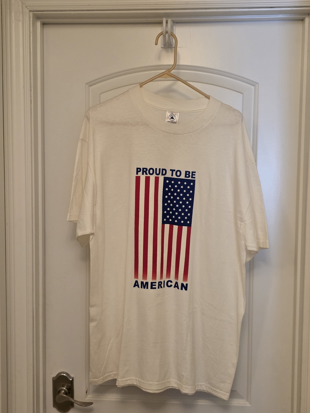 Americana White Short Sleeve Tee with Red & Blue Flag Graphic. Great For 4th Jul
